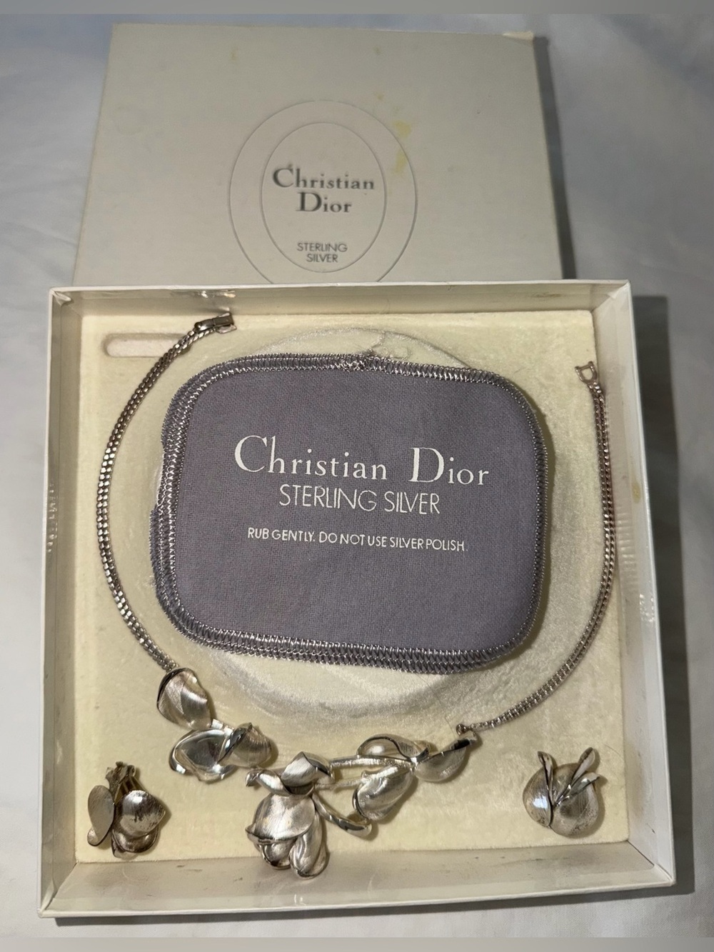 Christian Dior Vintage Sterling Silver Rosebud Rose Petal Necklace Earring Set